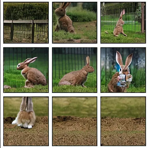 Image similar to a rabbit jumping up over a fence, shown as a film strip showing 9 sequential stills from the video clip in a grid