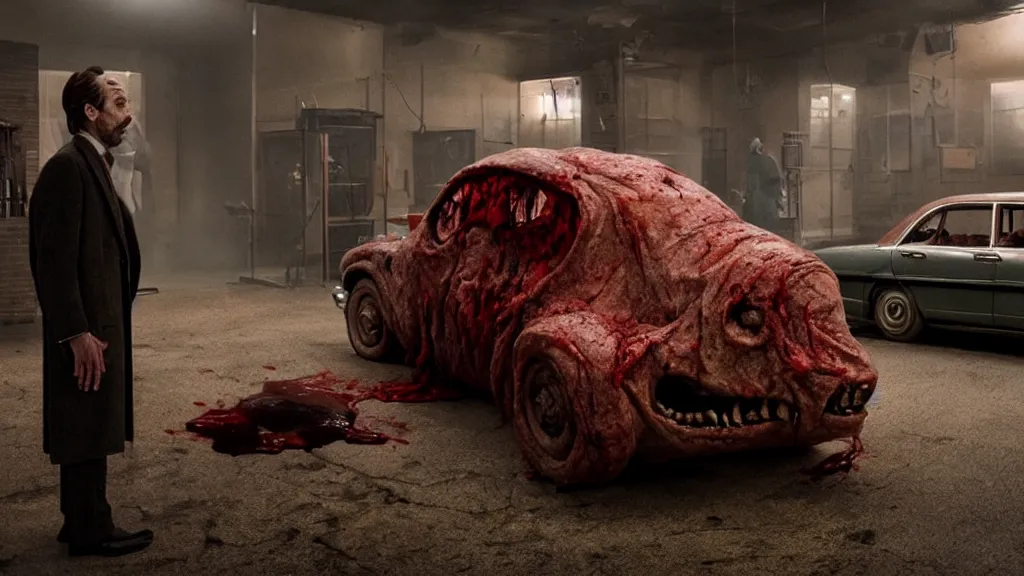 Image similar to the creature sells a used car, made of wax and blood, film still from the movie directed by Denis Villeneuve with art direction by Dalí, wide lens