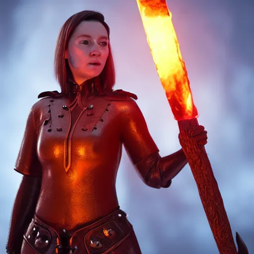 Prompt: Queen Mary Tudor wearing a leather barbarian tunic holding a glowing fire magical staff. Trending on Artstation, octane render, ultra detailed, art by Ross tran