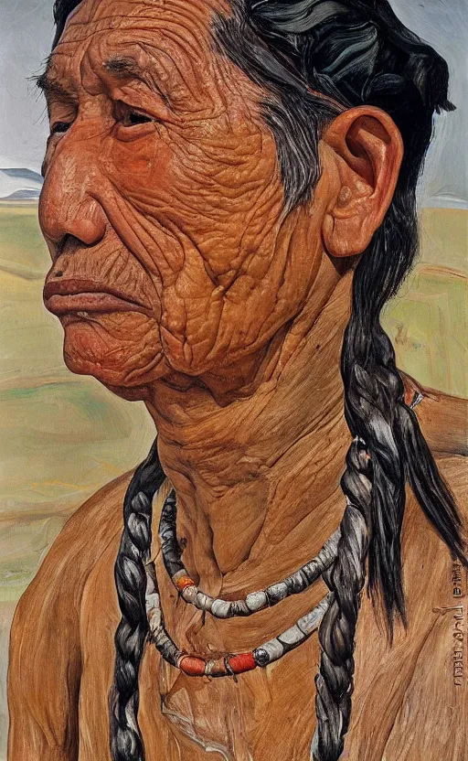 Image similar to full body shot picture of indigenous people leader gazing into the horizon, painted by lucian freud, hd, super detailed, realistic, muted colors