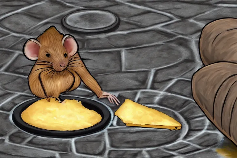 Image similar to a giant creepy rat eating cheese in a sewer, photo - realistic, hyper realism,