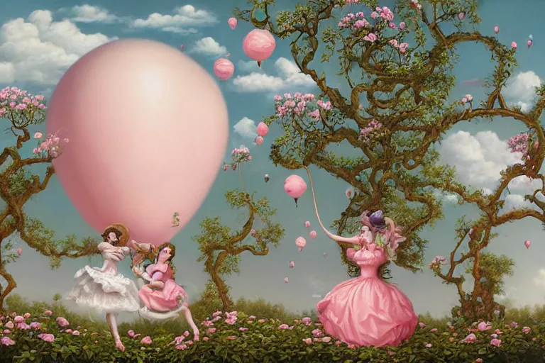 Prompt: dreamy landscape, fluffy pink clouds, hot air balloons, and two women with oversized heads wearing baroque ceramic teacup dresses playing jumprope in an ornate baroque palace courtyard overgrown with vines, surrounded by cute forest animals, pop-surrealism Lowbrow art painting in the style of Mark Ryden and Jasmine Becket-Griffith