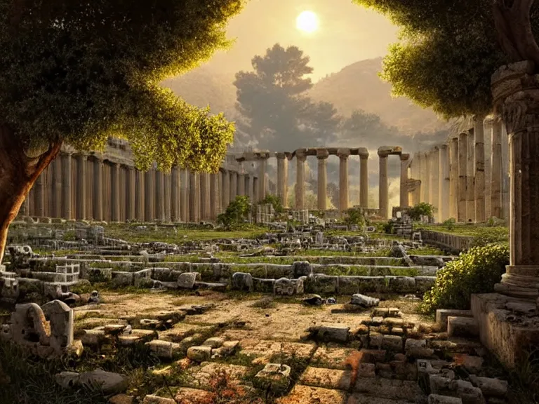 Image similar to tree growing in ancient greek ruins, gray wasteland, many scrap cars, plastic waste, rubble, pillars, flowers, vines, hyperrealistic, highly detailed, cinematic, single ray of golden sunlight, beautiful, cgssociety, artstation, 8 k, oil painting by greg rutkowski, by artgerm, by wlop