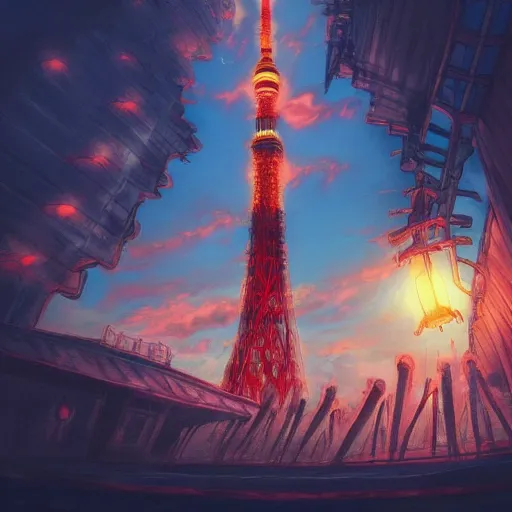 Prompt: Tokyo Tower, Ghibli, Anime Background, Miyazaki Hayao, concept art, illustration,smooth, sharp focus, intricate, super wide angle, trending on artstation, trending on deviantart, 4K