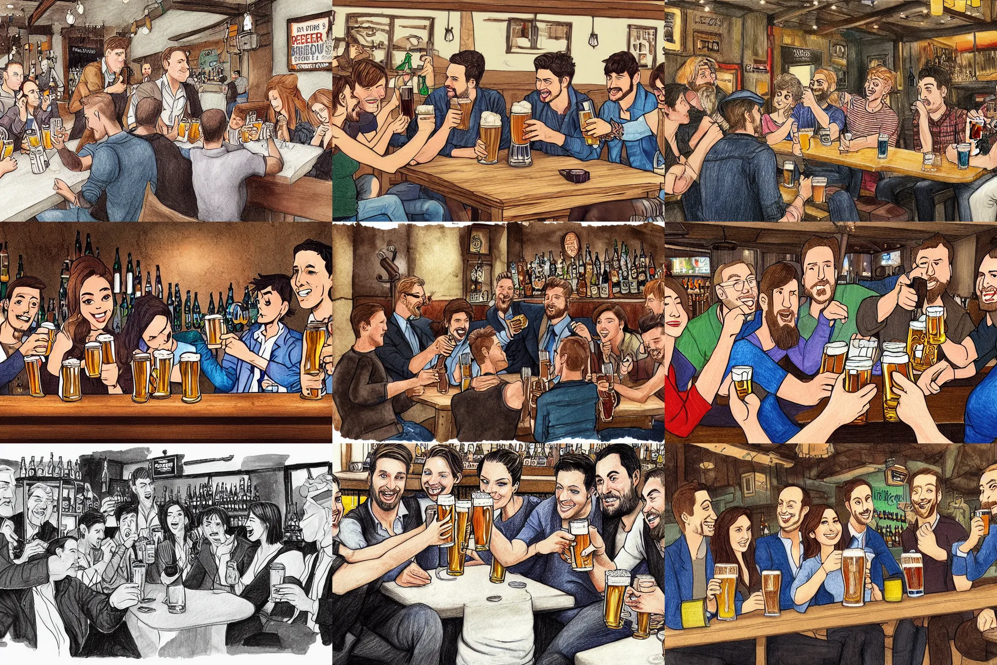 Prompt: bunch of friends drinking beer at a pub, beautiful drawing, detailed