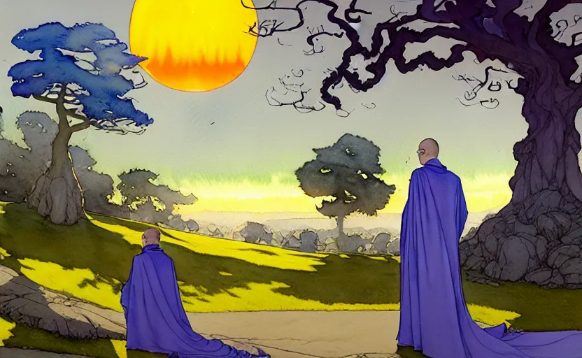 Image similar to a hyperrealist watercolor concept art of a bright blue sunny day. a dimensional portal in the shape of a tree arch is in the background and a medieval monk in grey robes is in the foreground. an orange sunset is seen through the portal. very muted colors, by rebecca guay, michael kaluta, charles vess. high detail, hq, wide shot, 4 k