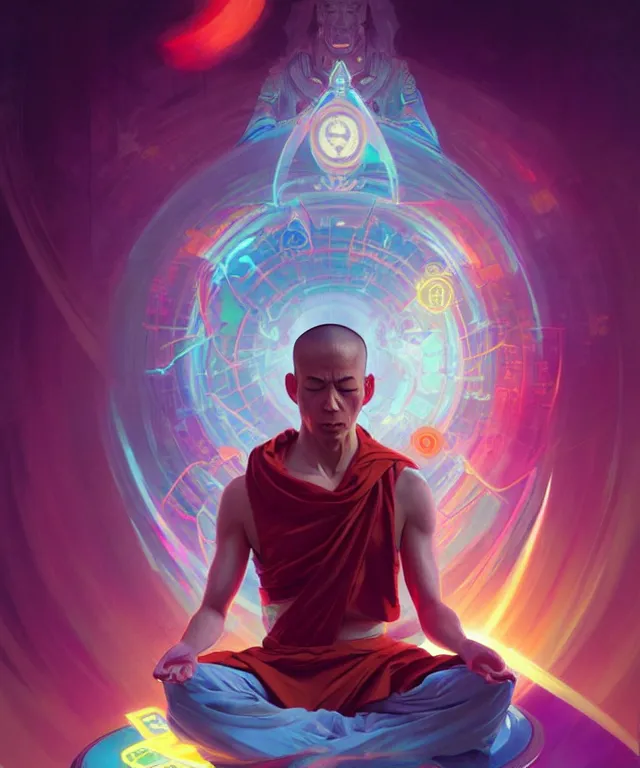 Image similar to a floating monk, meditating, wearing netrunner clothing, vaporwave aesthetic, colorful, psychedelic, digital painting, artstation, concept art, smooth, sharp focus, illustration, art by artgerm and greg rutkowski and alphonse mucha