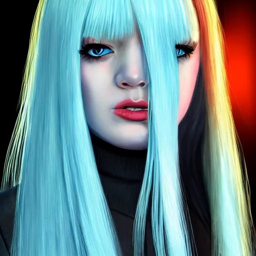 Image similar to full face shot of rimuru tempest, sky blue straight hair, long bangs, with amber eyes, wearing a fancy black jacket, high collar, ultra detailed, brush strokes, digital painting, cinematic, wlop artstation, closeup, pixiv, intense, intimidating glare, photorealistic, overpowering, andy warhol,