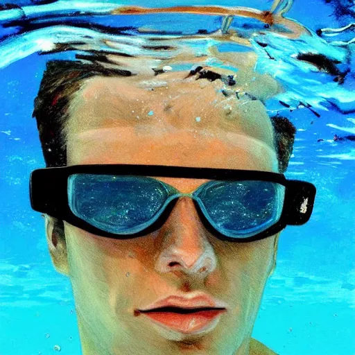 Image similar to painting of an underwater selfie from a brown haired male lifeguard. Kuvshinov ilya. Richard Brooks.