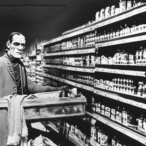 Prompt: foto of frankenstein in the grocery store, restored color, 4 k