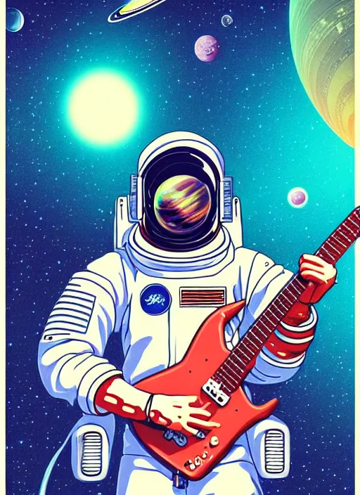 Prompt: realistic portrait of vaporwave cyberpunk astronaut playing an electric guitar floating in front of saturn, futuristic, highly detailed, 8 0 - s style poster, sharp focus, illustration, art by kawase hasui,