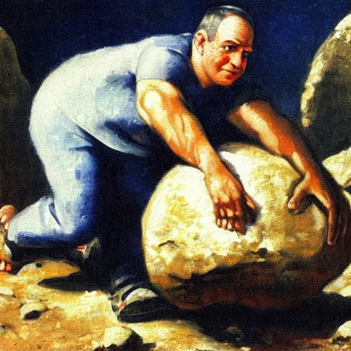 Image similar to a painting of benjamin netanyahu as sisyphus, carrying boulder, by franz stuck