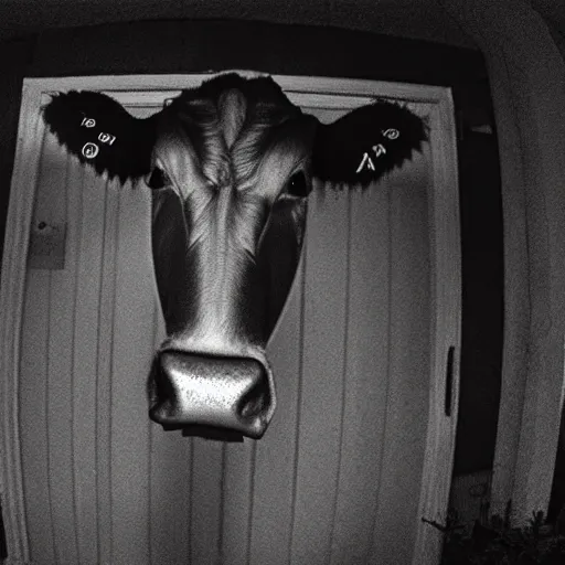 Image similar to ultra - realistic close - up of creepy cow at night, fish - eye - lense, disturbing horror photo, doorbell camera footage