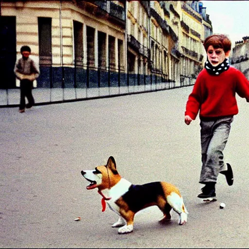 Image similar to a french boy on the streets of paris playing football against a corgi, the dog is wearing a polka dot scarf, book illustration, 1 9 6 6