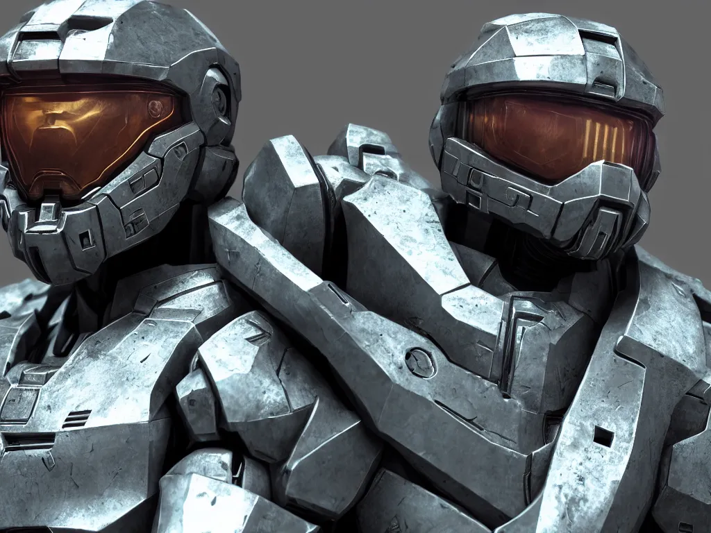 Image similar to master chief bust shot, studio photo, 3 d render, unreal engine, stunning scene, hdr, dynamic lighting, chrome, metallic, shiny, reflective, 8 k