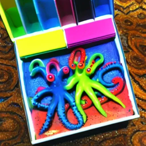 Image similar to crayon box with octopus tentacles creeping out of it