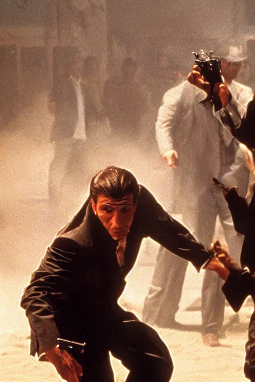 Prompt: epic sandstorm battle, Action, movie Scarface, in the Movie Godfather, in the Movie American Psycho (2000), by drew struzan