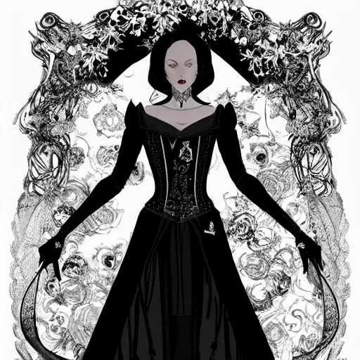 Image similar to beautiful and haunting portrait of a death countess, in the style of Midjourney, elegant and intricate stylized design of royal dress with corset, ethereal, sinister, cinematic, art style by James Jean, Darius Zawadzki, Artstation trending, 8k