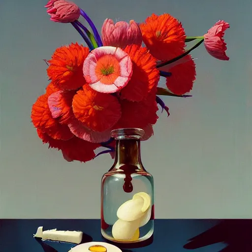 Image similar to an achingly beautiful still life featuring blooming flowers, tillamook cheese, and red wine , very coherent, painted by Edward Hopper, Wayne Barlowe, painted by James Gilleard, airbrush, art by JamesJean