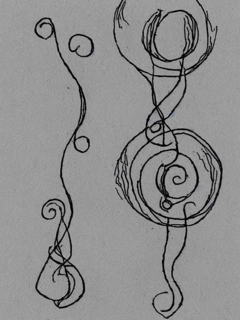 Prompt: a sketch of an acorn that turns into a tree in the shape of a treble clef with a zigzag line in the middle, single line drawing