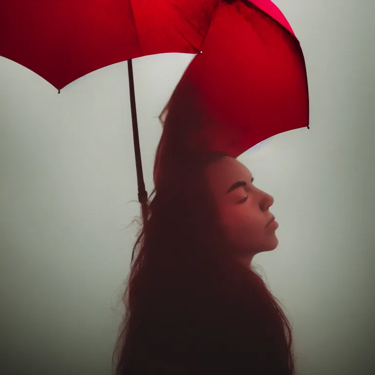 Prompt: atmospheric haze a close up of a person's face with a red umbrella photoshot by karah mew