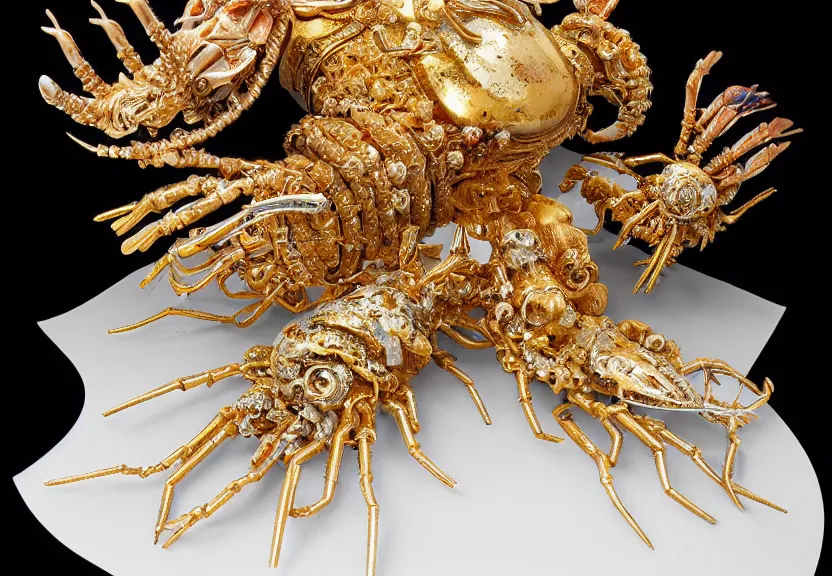 Prompt: an opulent banquet of food on a table covered with frilly golden gundam lobster and frillly silver gundam nudibranch. glittering gemstones. filigree. sleek and smooth. paper doilies. iridescent biomechanical giger ’ s xenomorph. the thing. reclaimed lumber tabletop, detailed and intricate environment, hyperrealism, reflective, food photography, rembrandt