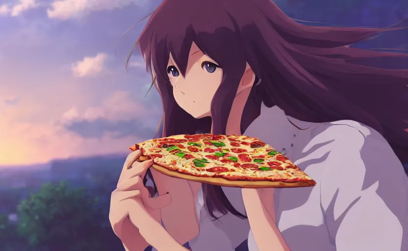An anime girl eating a slice of pizza, savoring the | Stable Diffusion |  OpenArt