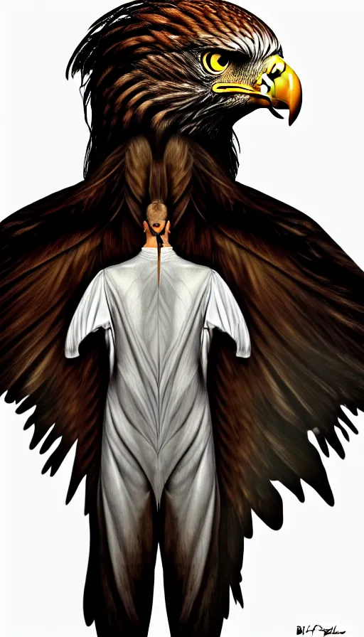Prompt: epic professional digital portrait art of a human - eagle hybrid animal, eagle head, eagle beak, wearing human flight jumpsuit, by bill hillier