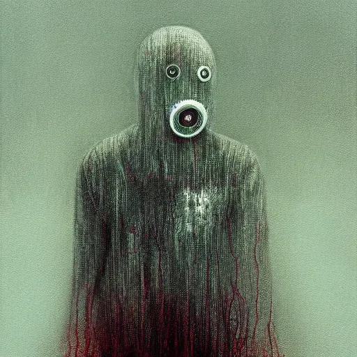 Prompt: robot ghost, glitch distortion, Unbearable Anxiety, by Stephen Gammell and Beksinski and Stalenhag.