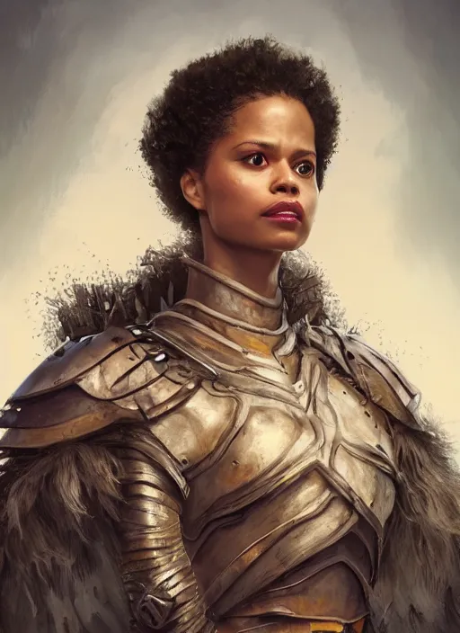 Image similar to portrait of gugu mbatha - raw as a legendary knight warrior, au naturel, hyper detailed, digital art, trending in artstation, cinematic lighting, studio quality, smooth render, unreal engine 5 rendered, octane rendered, art style by klimt and nixeu and ian sprigger and wlop and krenz cushart.