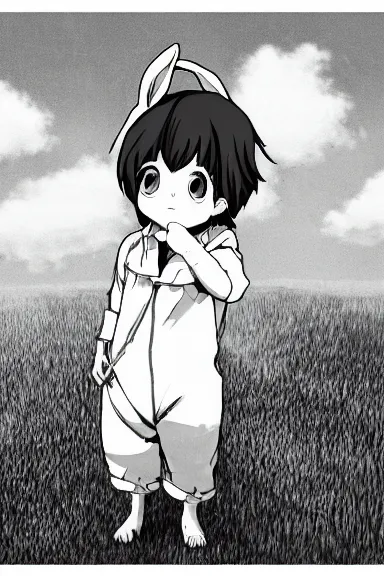 Image similar to attractive little boy wearing an bunny suit, black and white artwork in manga style, made by makoto shinkai