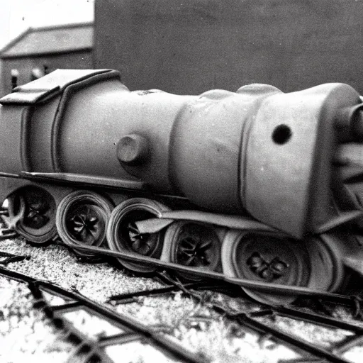 Prompt: german world war two artillery train with thomas the tank engine's face, old worn photograph