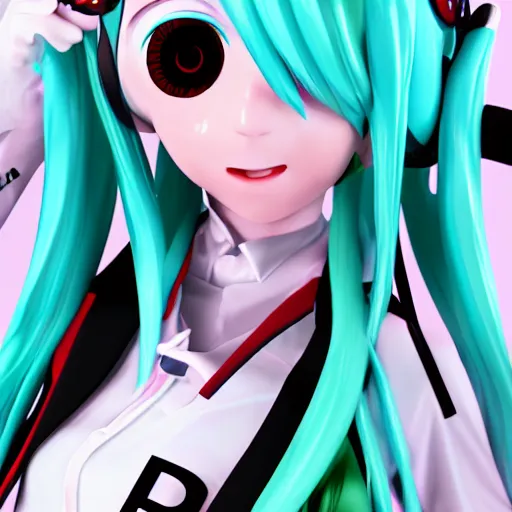 Prompt: hatsune miku high on weed with bloodshot baggy eyes smoking with a vape pen, 3 d render, 4 k