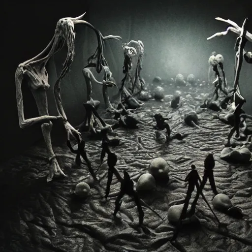 Image similar to the biological war, surrealistic detailed claymation art, dark, moody, foggy