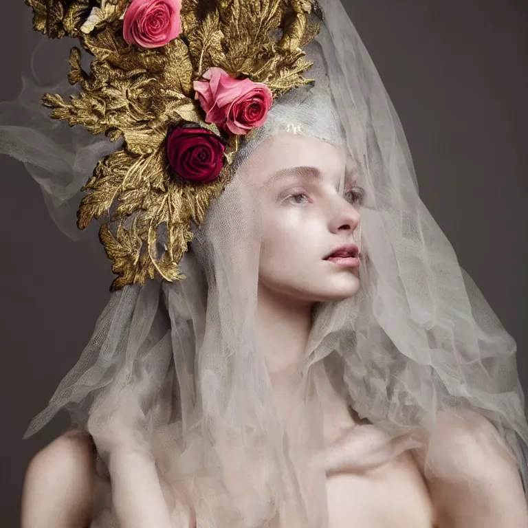 Prompt: anna taylor-joy, veiled,rococo headdress, avian-inspired,beaded embroidery,roses,by Annie Stegg and Jovana Rikalo and VICTOR NIZOVTSEV and Nekro and Billelis, GUCCI,DIOR,trending on pinterest,hyperreal,Kintsukuroi,gold,maximalist