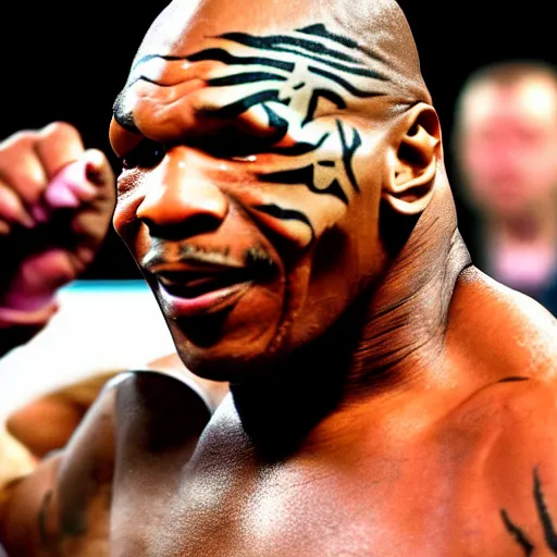 Image similar to uhd mike tyson with feathers and a beack, resembling a chicken