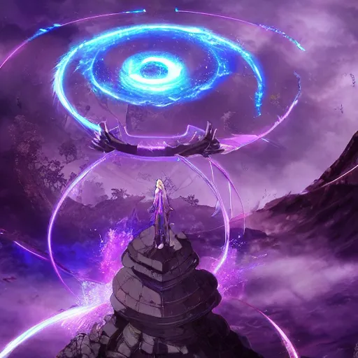 Prompt: the ruins of the spiralling portals of purple lightning, anime fantasy illustration by tomoyuki yamasaki, kyoto studio, madhouse, ufotable, square enix, cinematic lighting, trending on artstation