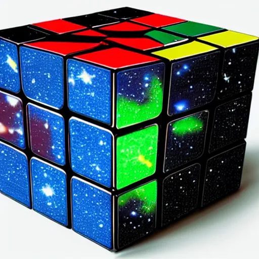 Prompt: A rubiks cube, having galaxies on its surface