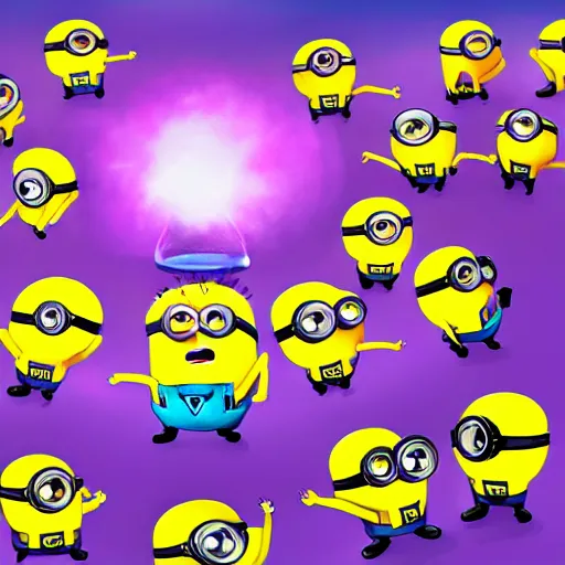 Image similar to a drawing of a minion taking over the universe by merging all known matter, ultra detailed, digital art, award - winning, trending on artstation, realistic, magic, neon, glow, mystery