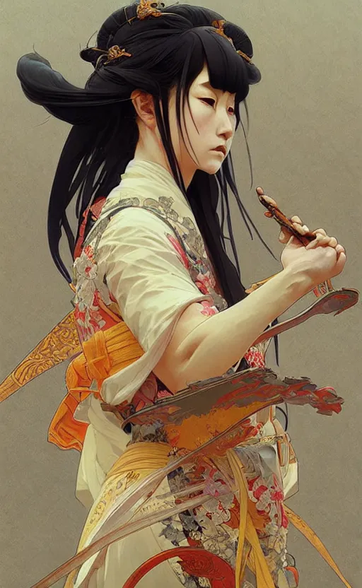 Prompt: personification of japan, highly detailed, digital painting, artstation, concept art, sharp focus, illustration, art by greg rutkowski and alphonse mucha