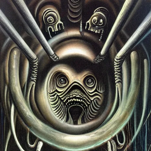 Image similar to peer into the depths of the endless cosmic void. behold your fears. hr giger, oil on canvas