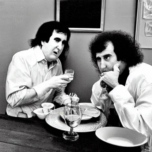 Image similar to Andy Kaufman and Charlie Kaufman having dinner together, photography,