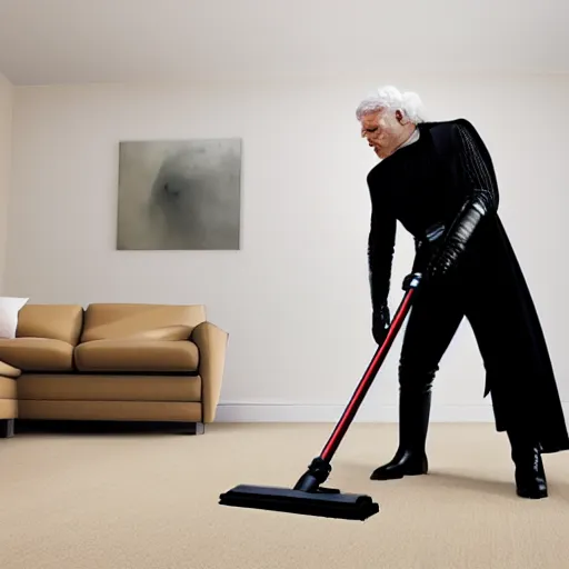 Image similar to a photo of darth vader vacuuming the carpet