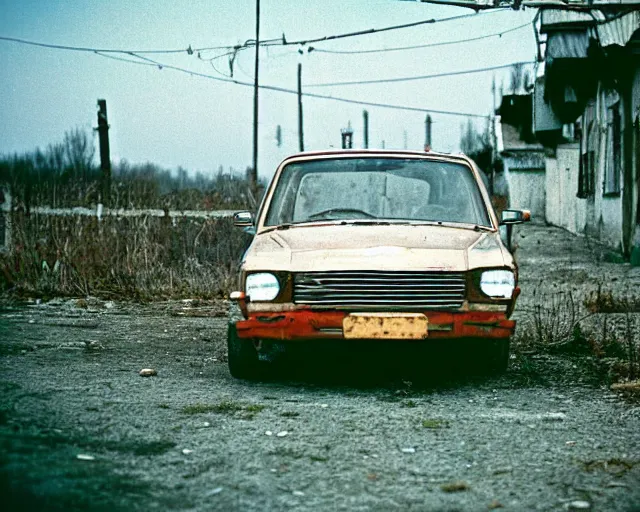 Image similar to a lomographic photo of old lada 2 1 0 7 standing in typical soviet yard in small town, hrushevka on background, cinestill, bokeh