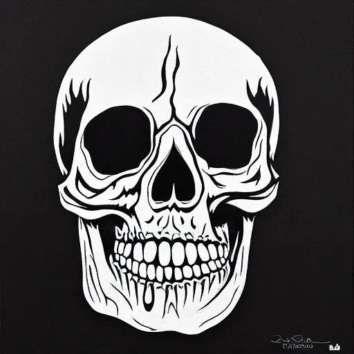 Image similar to tripping skull outline, black ink on white paper