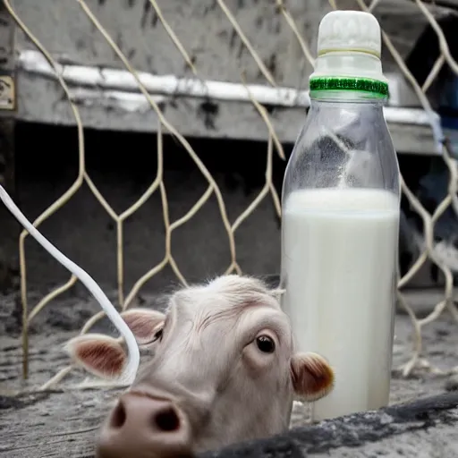 Image similar to bottle of milk in front of a jailcell with a calf inside