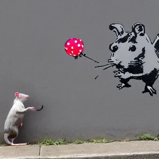 Prompt: A rat riding a tank shooting balloons, in the style of Banksy