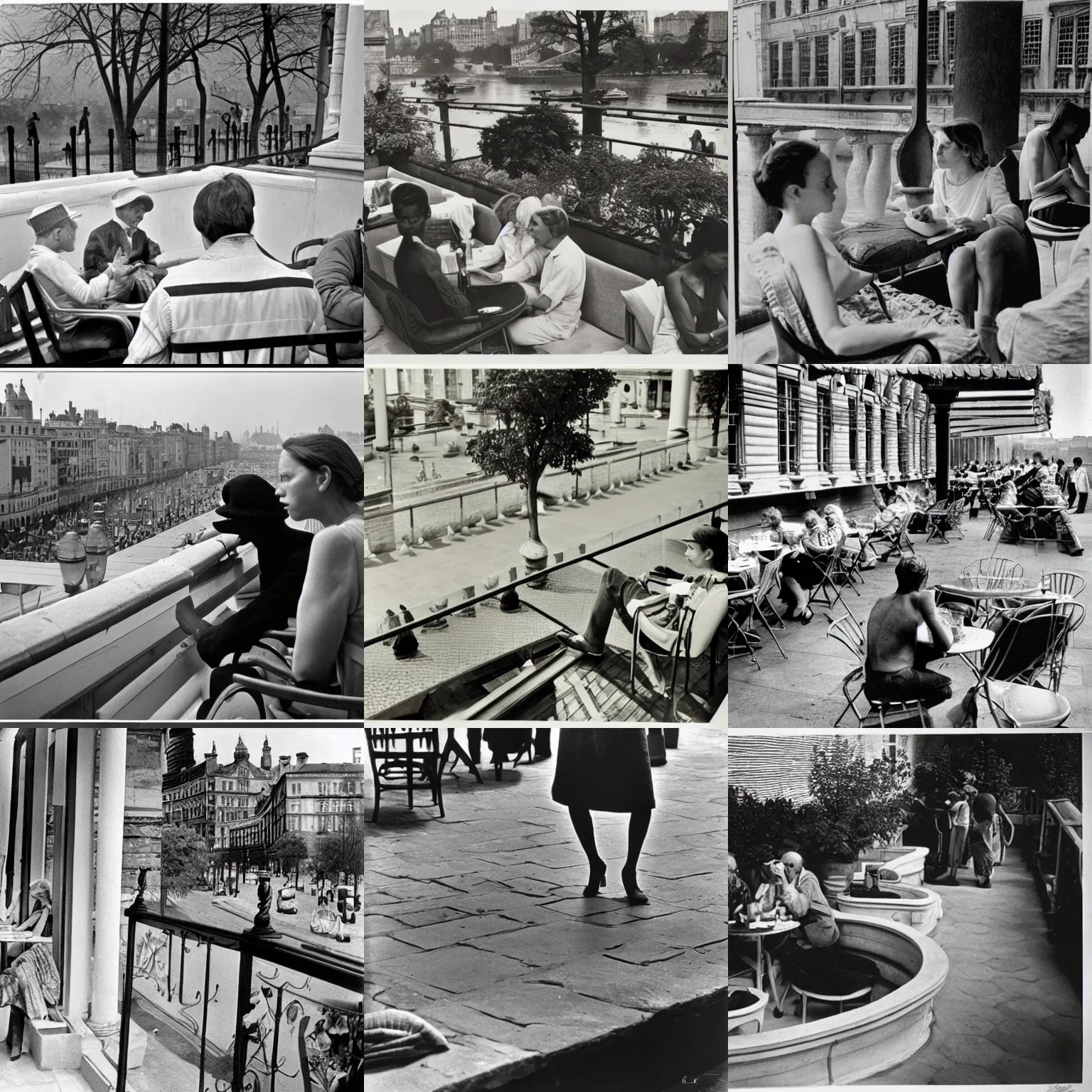 Prompt: At the terrace. Henry Cartier Bresson. Highly detailed