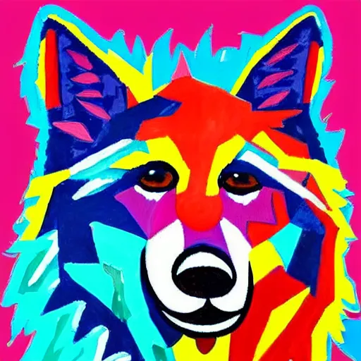 Image similar to painting of retarded wolf, vivid colors