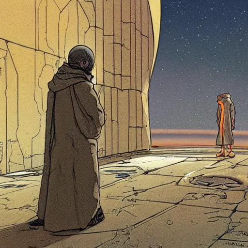 Prompt: Beggar priest in busy spaceport on luna 5 colony. Concept art by James Gurney and Mœbius.